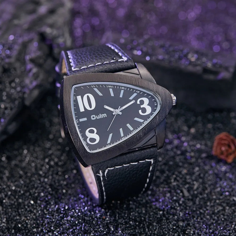 Men's brown casual quartz watch with triangle pattern belt strap showing 9mm thickness