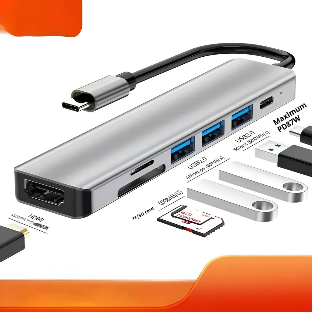 USB-C 7-in-1 expansion dock with HDMI port, USB 3.0 ports, and 15cm cable for laptop connectivity
