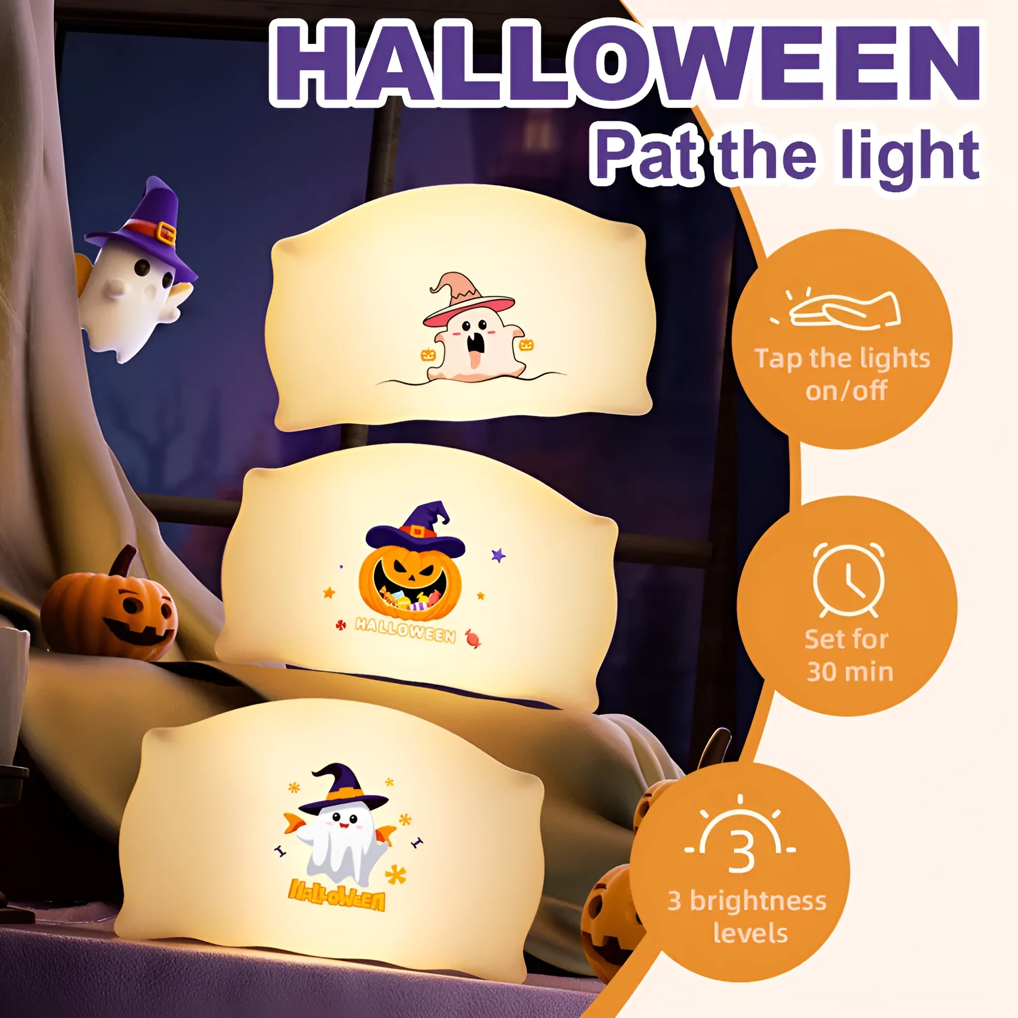 Small cartoon Halloween doll table lamp with warm light, shown in Magic Ghost and Pumpkin Ghost colours.