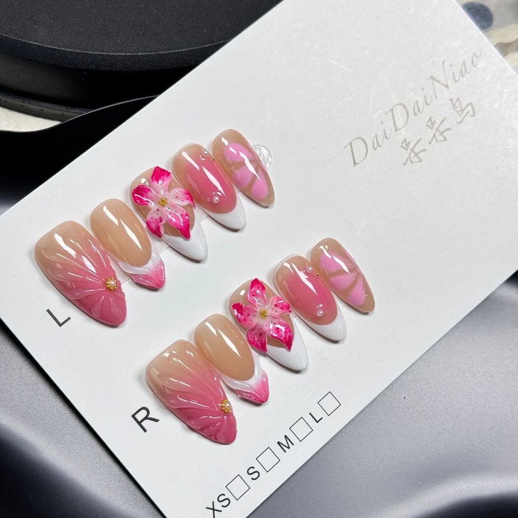 French style three-dimensional lily fluid ice flower artificial nails with almond shape designs