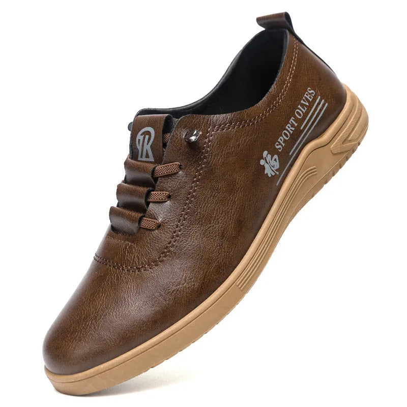 Men's lace-up casual leather shoes in black with flat heel, round toe, and front lace-up closure on a neutral background