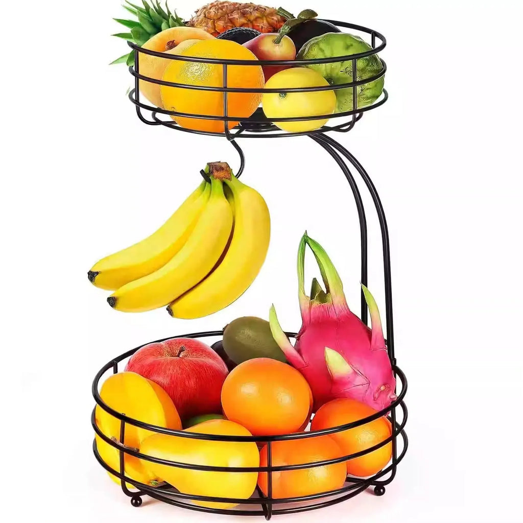 Black and gold double-layer wrought iron fruit storage basket with two open shelves.