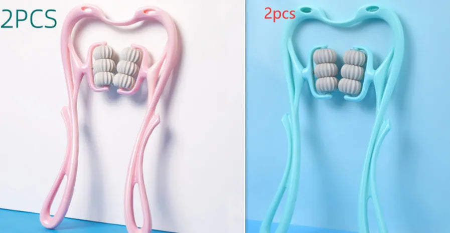 6-roller cervical neck massager in blue, ergonomic swan design, with 360° rotating massage balls and jade scraping board