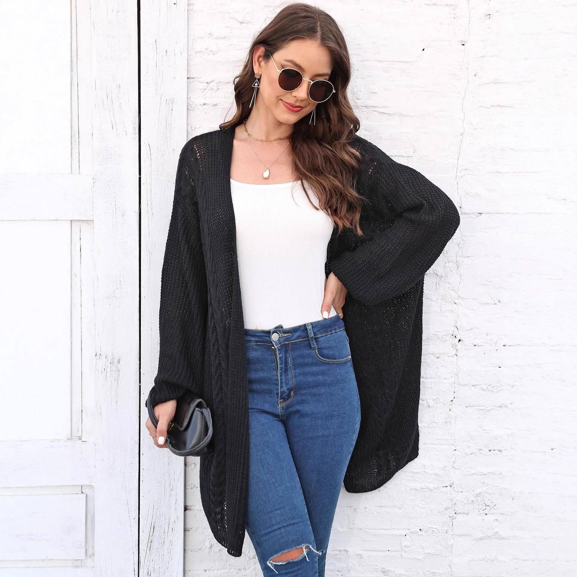 Women's loose casual acrylic sweater coat cardigan in solid colour with free size fit