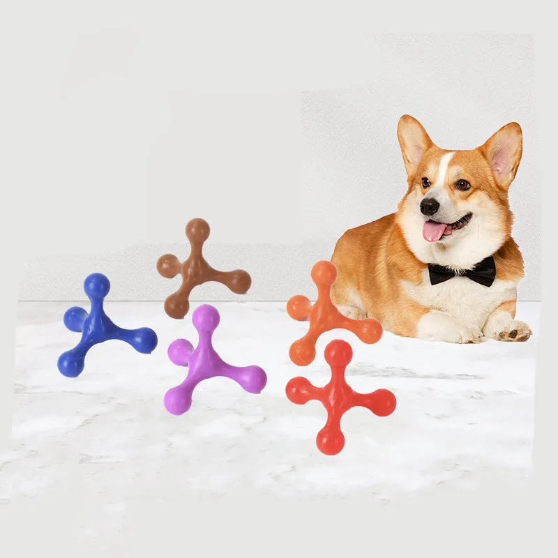 Blue silicone three-legged bone chew toy for puppies measuring 9.5cm