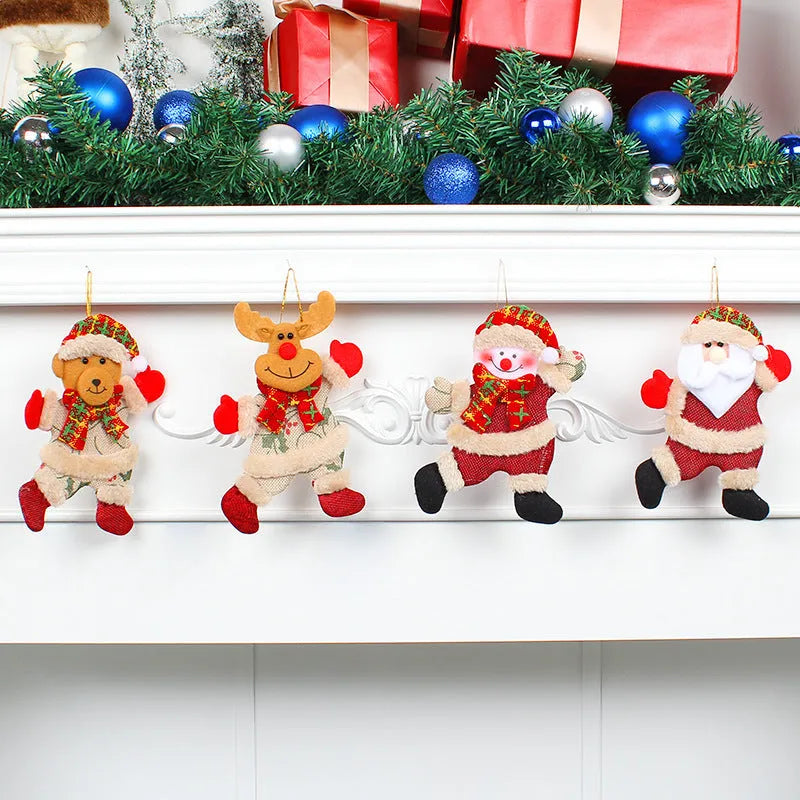Set of 4 festive Christmas tree ornaments Santa snowman reindeer bear figures with red white scarves gold balls red bows