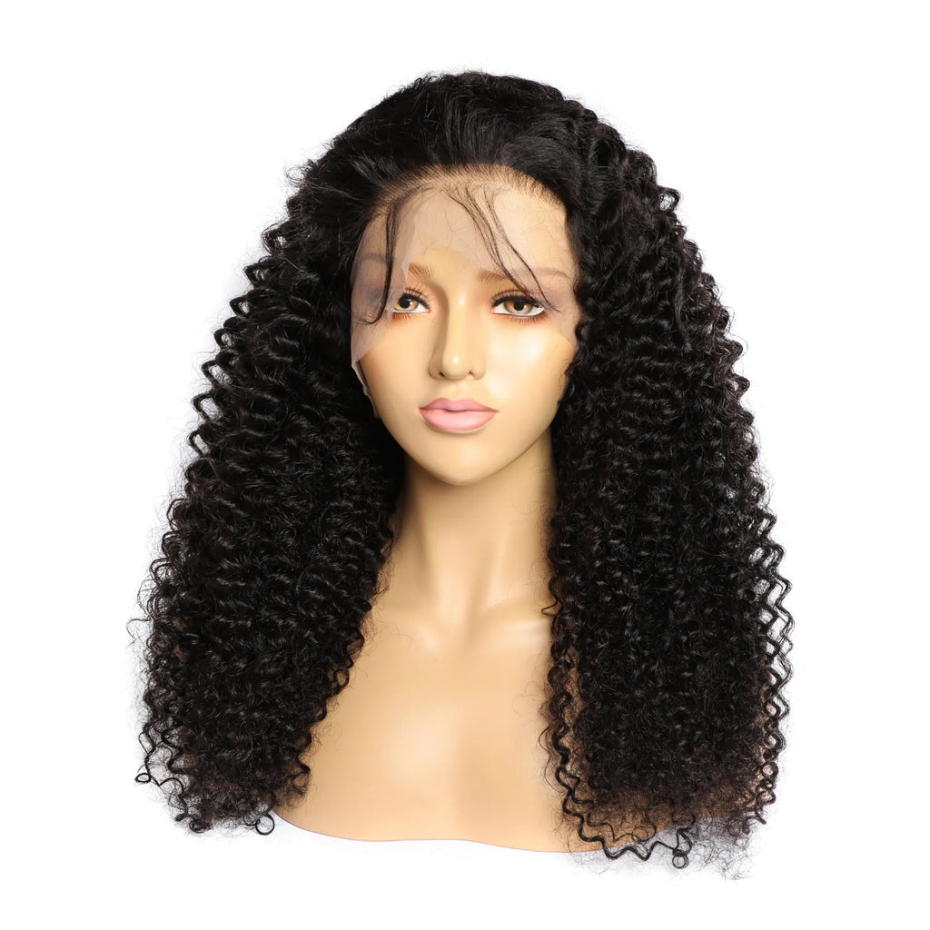 Curly human hair lace front wig on a stand showing long length and natural wave pattern