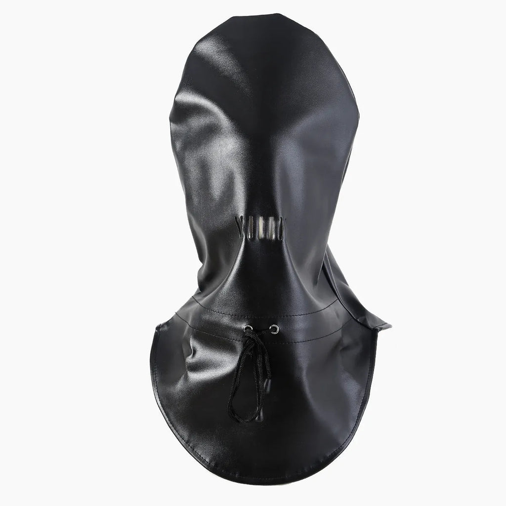 Black PU leather bondage mask with adjustable straps and ventilation holes for breathable training use