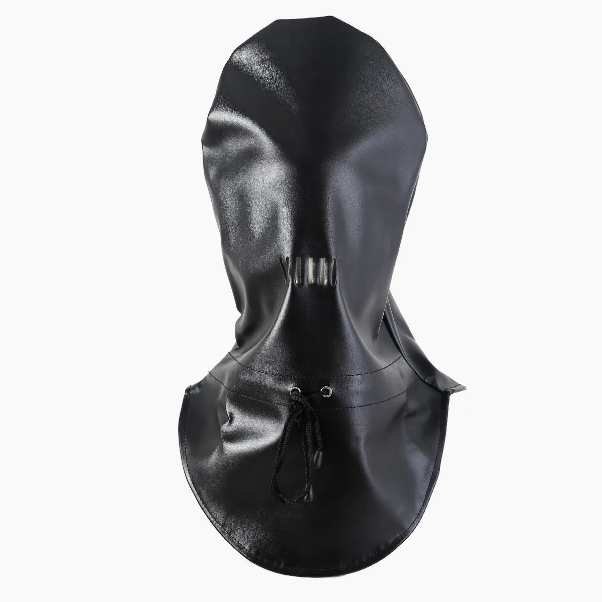 Black PU leather bondage mask with adjustable straps and ventilation holes for breathable training use
