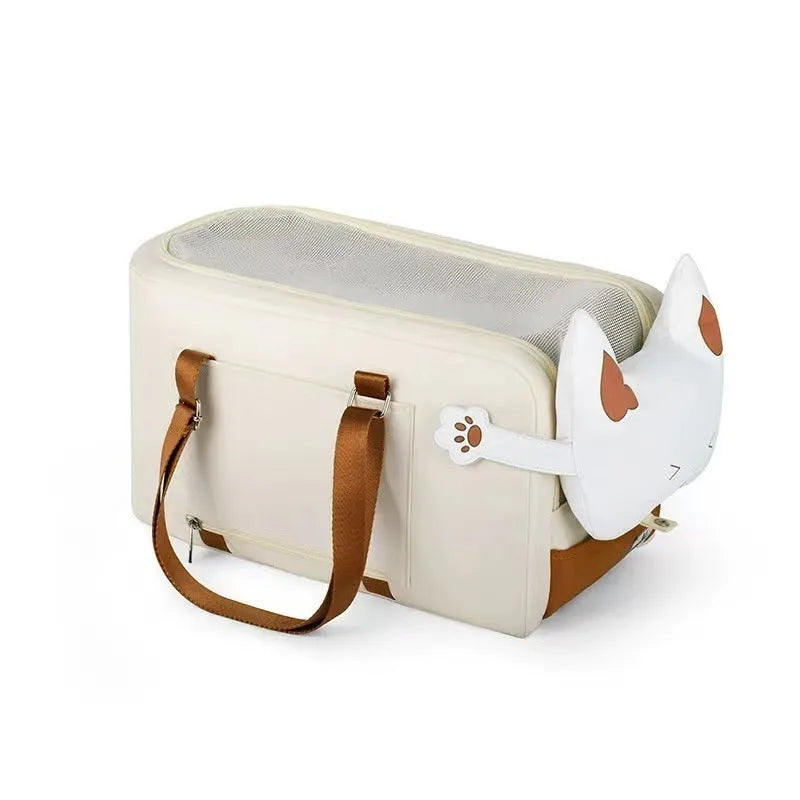 Hard-sided beige pet travel crate with EPE padding, dimensions 43x25x22.5cm