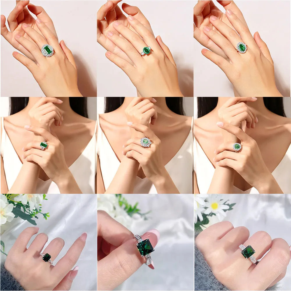S925 sterling silver geometric ring with ellipse detail, inlaid emerald, and high carbon diamond in a Palaibahao colour.