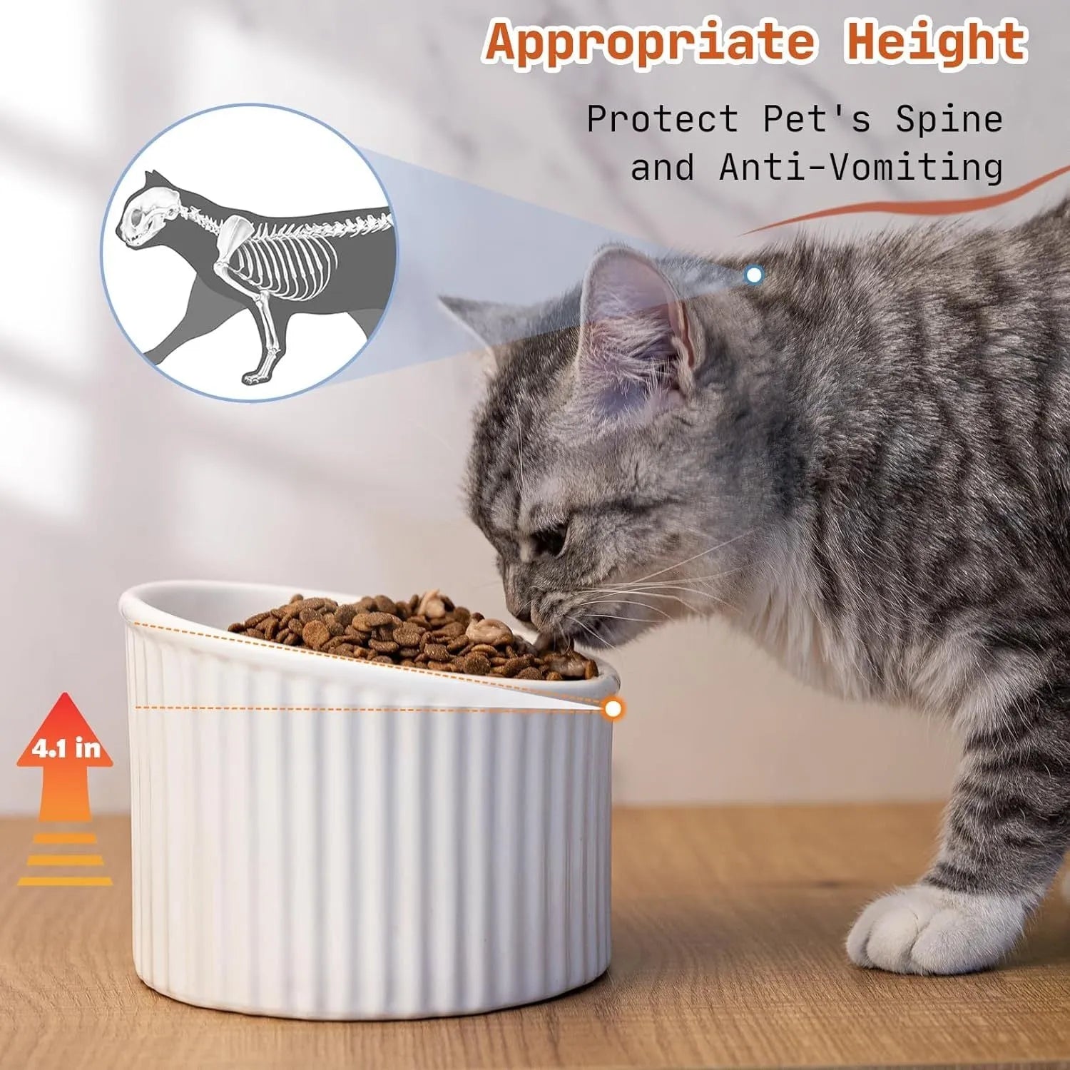 Ceramic elevated cat bowl in light green, showing its tilted, round shape and raised design on a table.