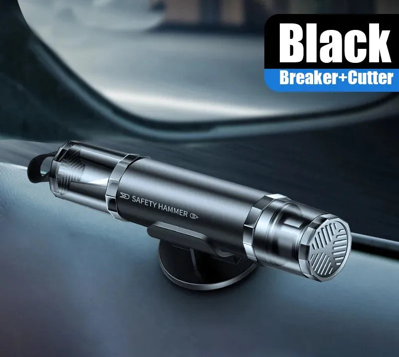 Black and red car emergency window breaker and seat belt cutter tool with mounting bracket on a grey background.