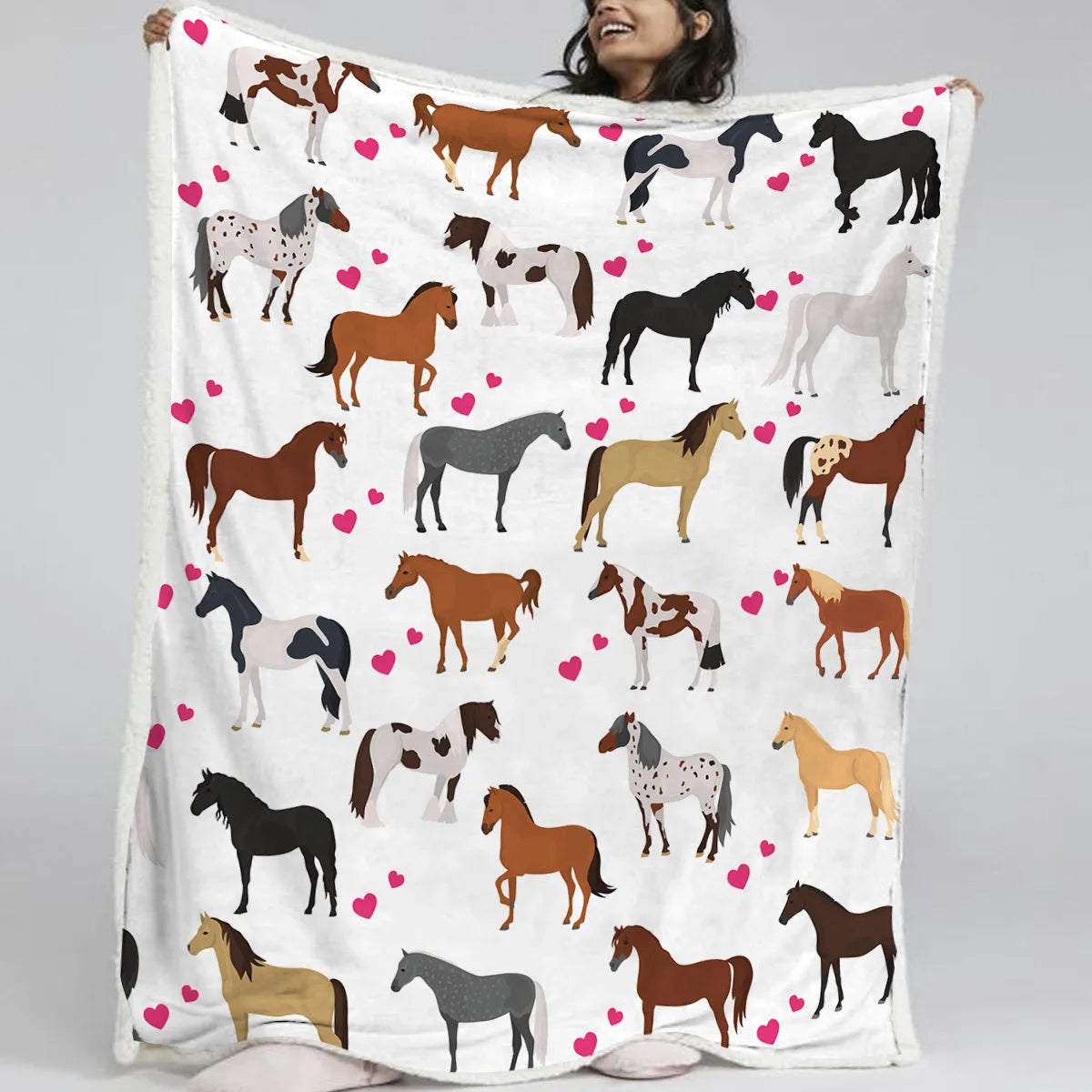 White Sherpa fleece throw blanket with red heart and horse motif, 130x150cm or 150x200cm size for sofa or camping