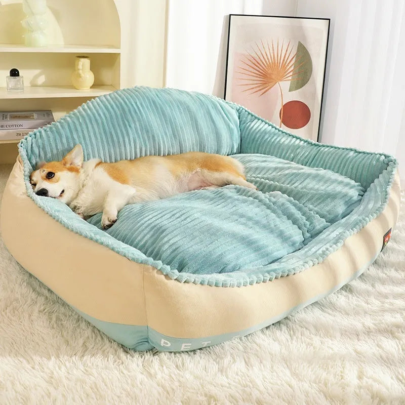 Morandi colour removable washable dog bed mat on a sofa, showing Large and Medium size options.