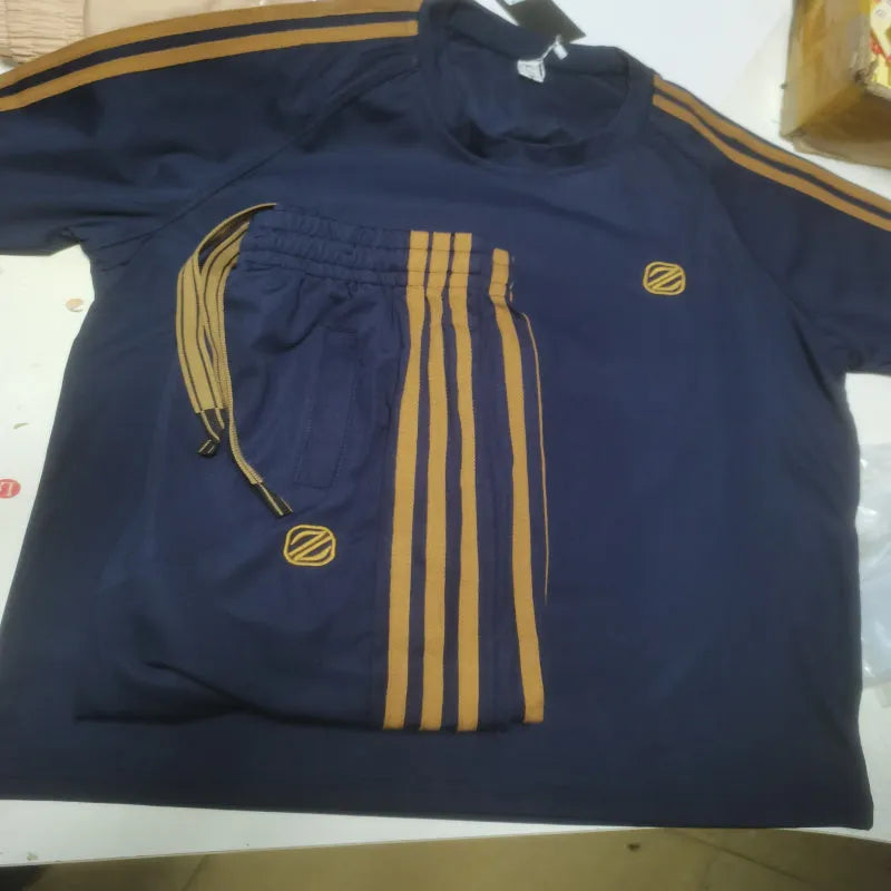 Men's blue ice silk style short sleeve suit with pants, showing ironing-free sportswear set.