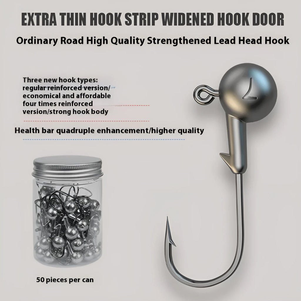 Enhanced 50 piece jig hook fishing tackle set showing steel construction and hook design