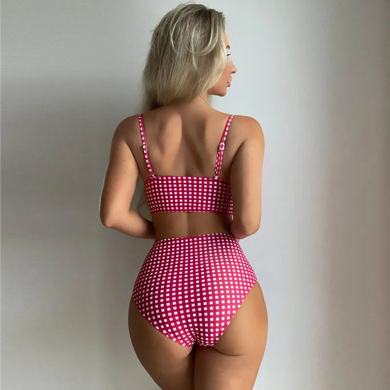 Women's plaid bikini swimsuit with high waist briefs in rose red, shown with matching top.