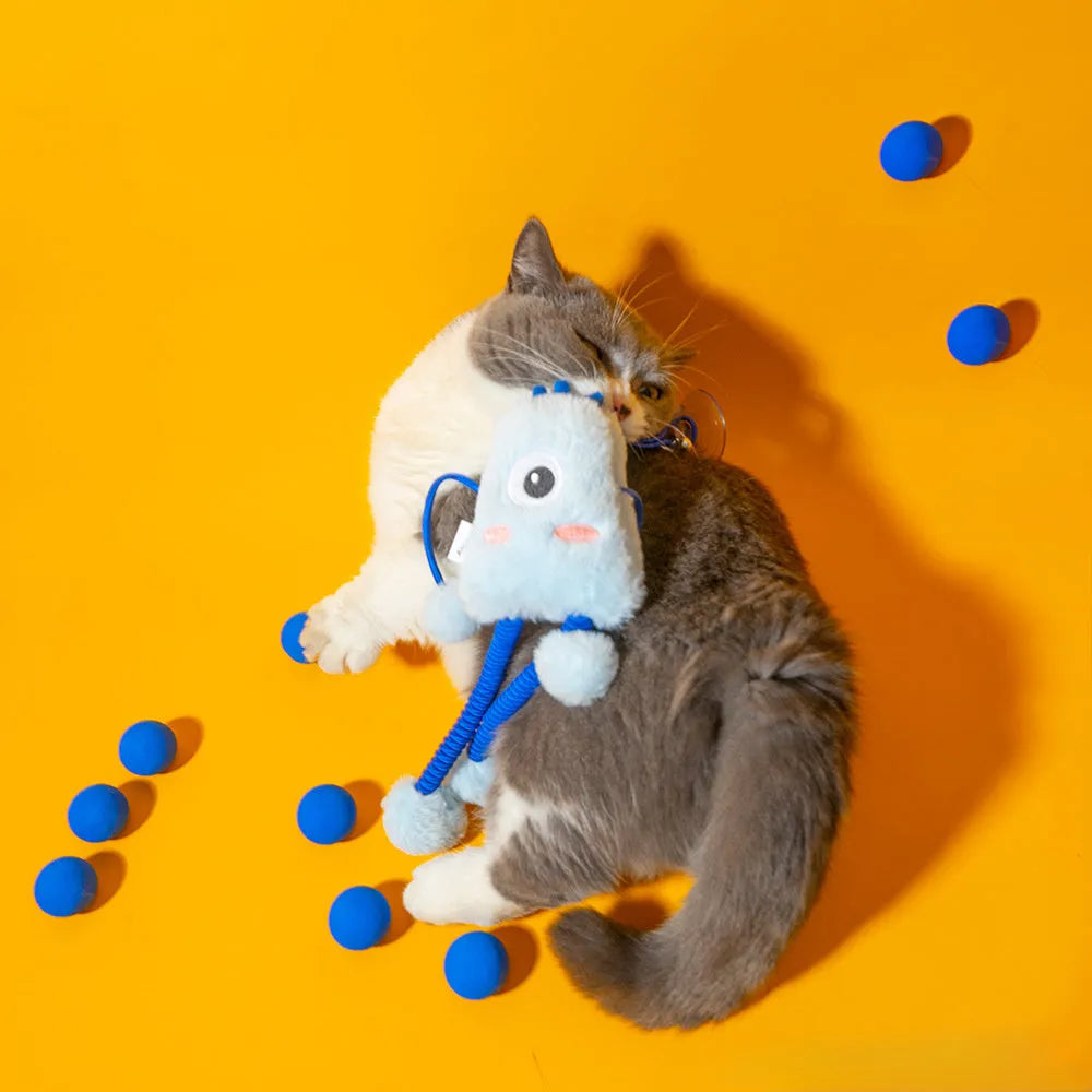 Blue telescopic elastic rope cat toy with plush ring and bell measuring 30cm by 30cm