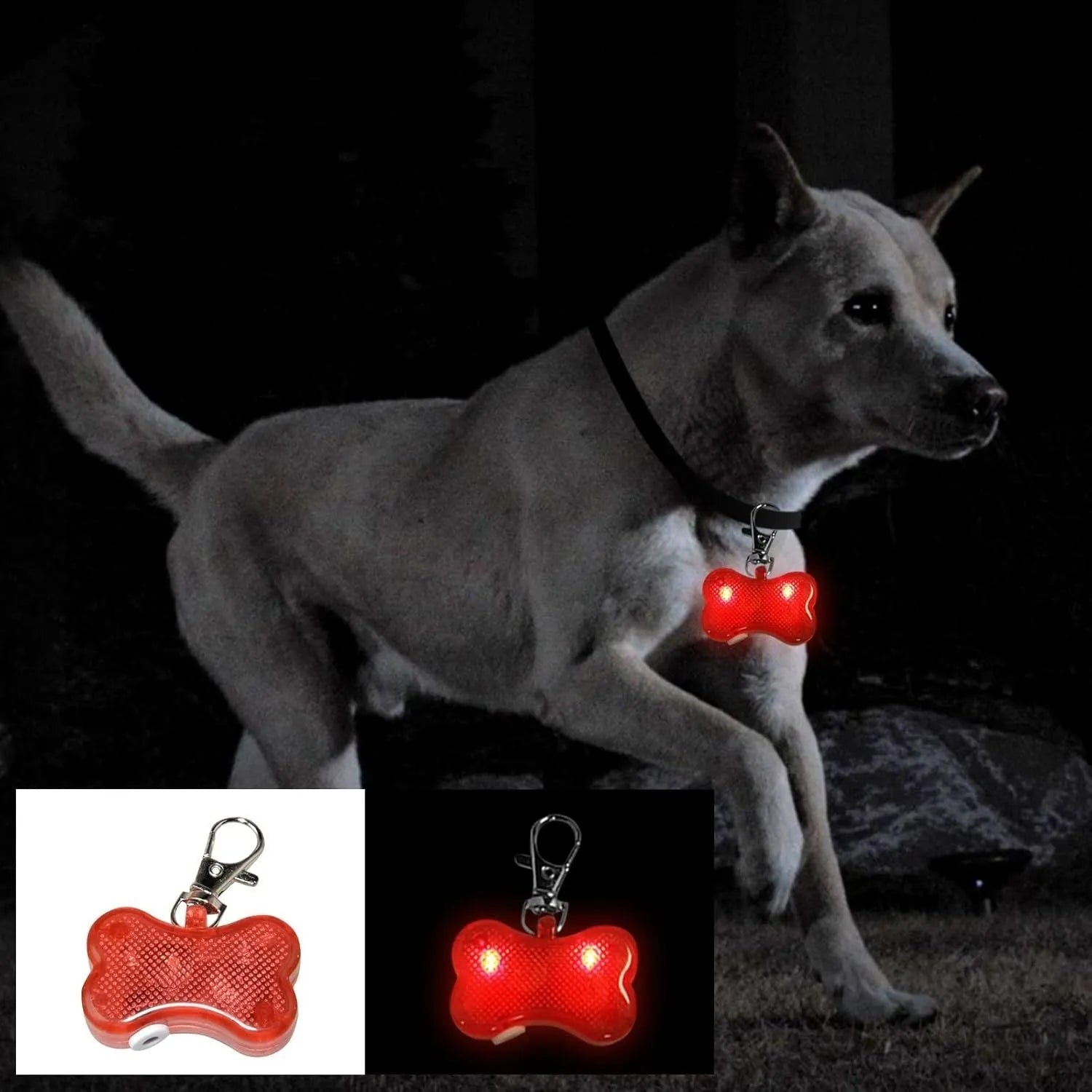 Blue LED luminous bone-shaped pendant for pet collars showing three light mode settings.
