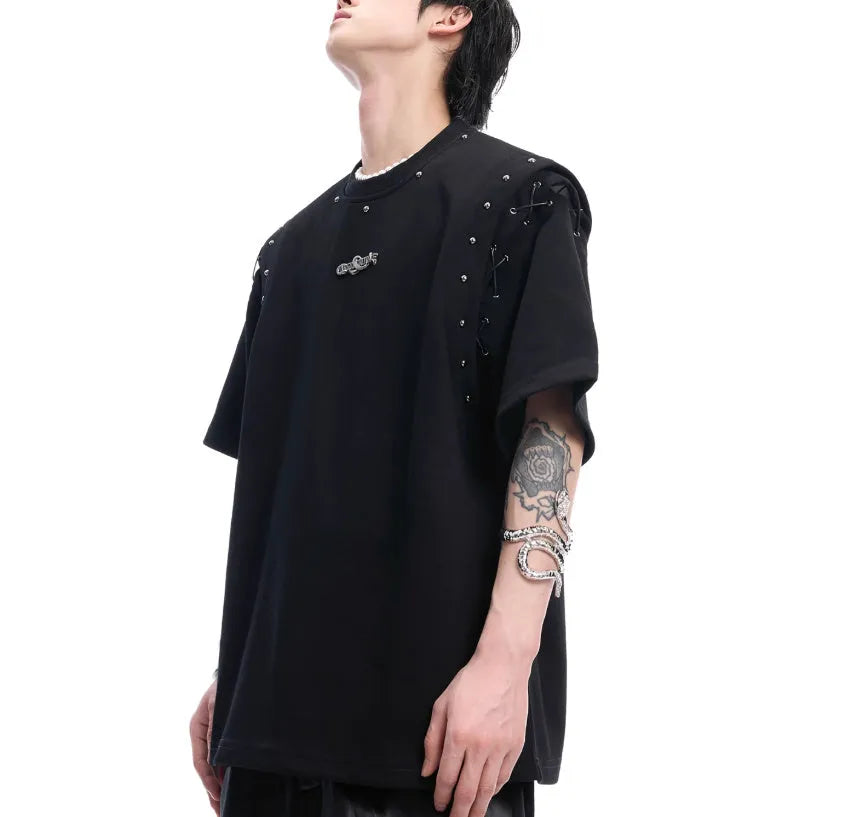 Short sleeve black t-shirt with lace-up cutout design on front