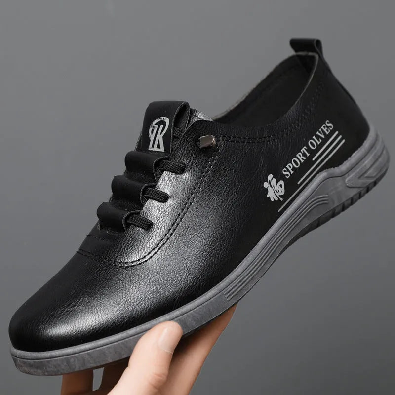 Men's lace-up casual leather shoes in black with flat heel, round toe, and front lace-up closure on a neutral background