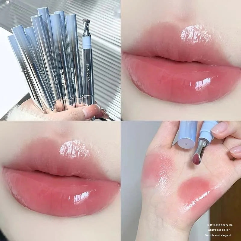 Mirror Water Light Lip Gloss lipstick in a slim case next to six colour swatches showing Almond, Silver, Pear, Raspberry, Peach Gum, and Pomegranate Ice shades.