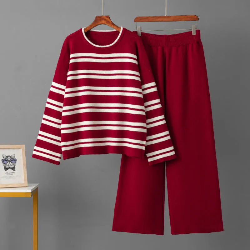 Casual striped loose sweater and wide leg pants two-piece set for women in brown