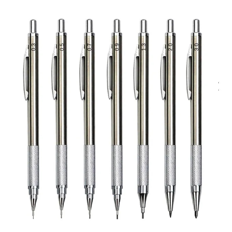 Metal automatic mechanical pencil with five lead size options and 2B graphite refills
