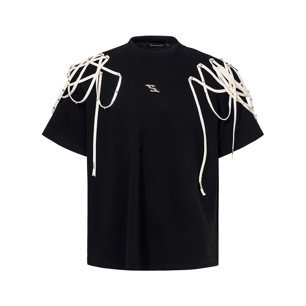 Black short sleeve T-shirt with rivet ribbon padded shoulder detail and loose round neck fit