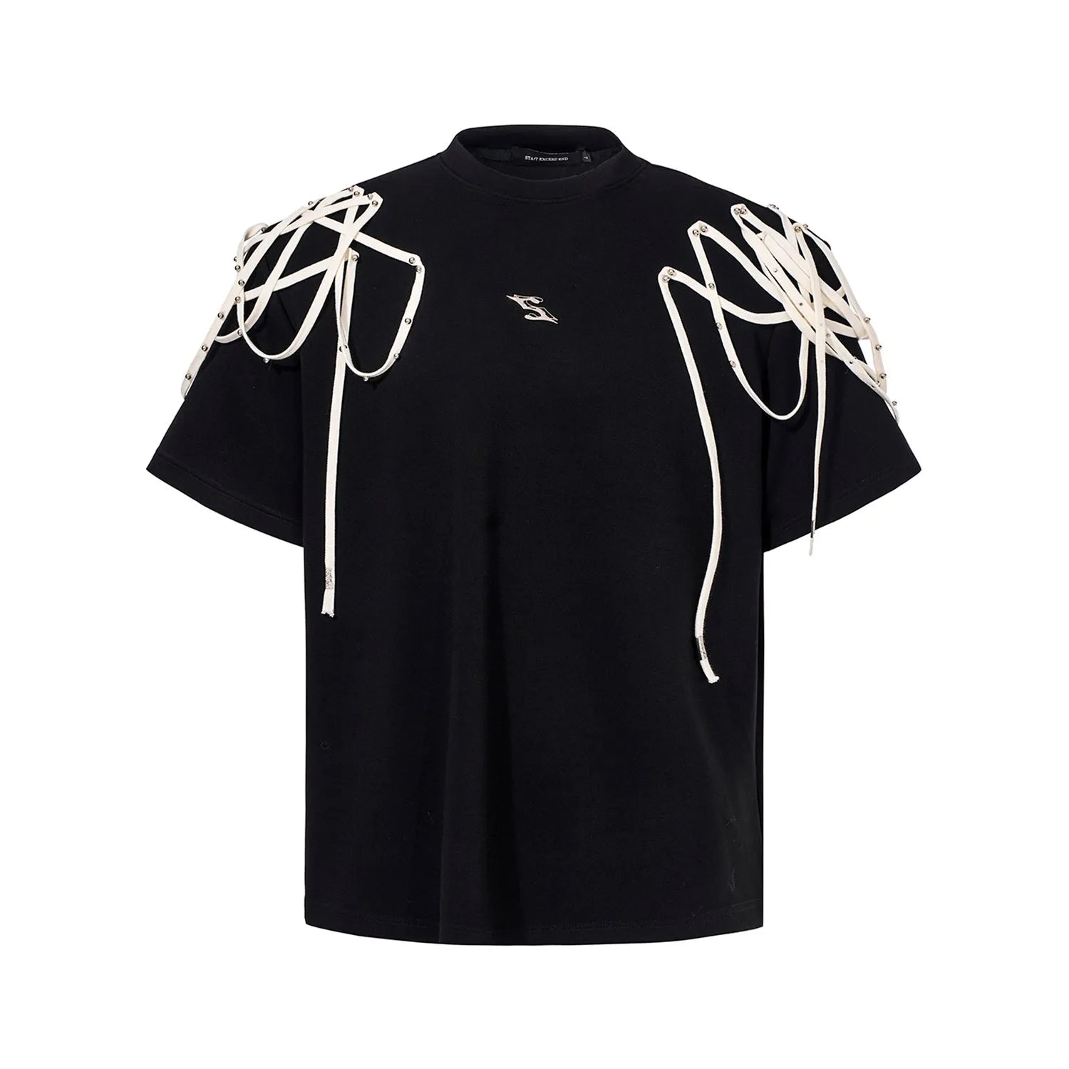 Black short sleeve T-shirt with rivet ribbon padded shoulder detail and loose round neck fit