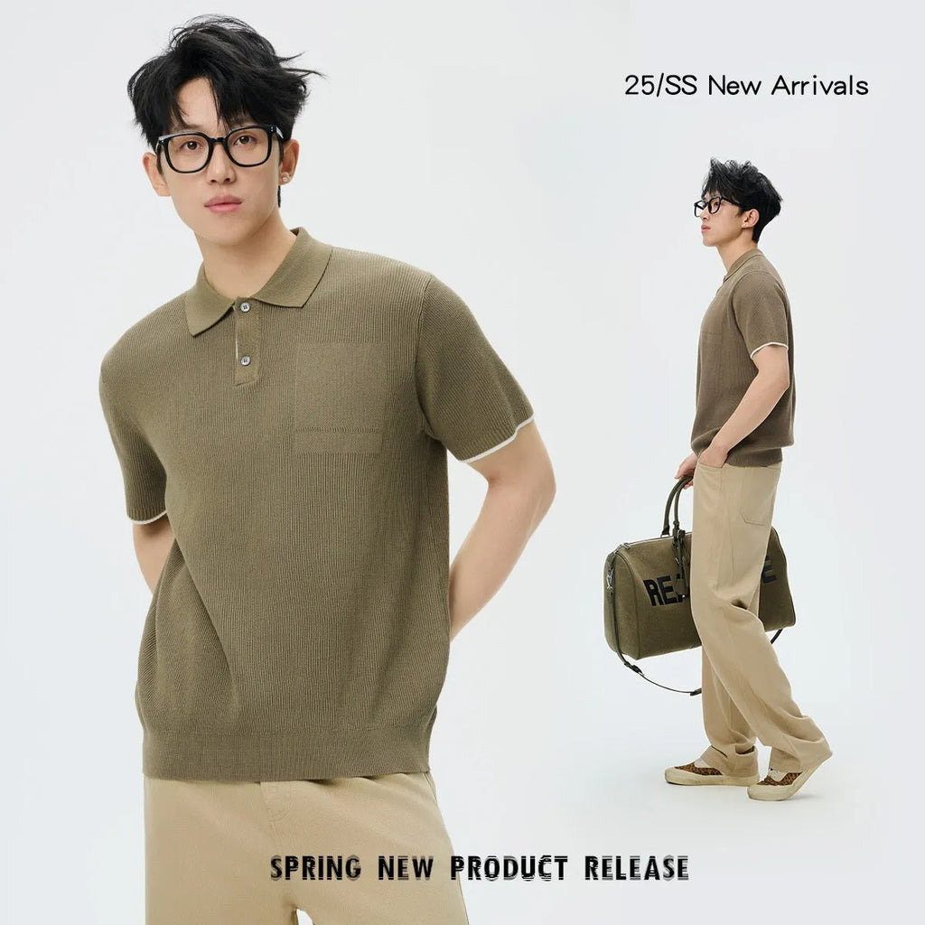 Men's summer casual sweater in solid colour with contrast colour lapel, short sleeves, polyester blend