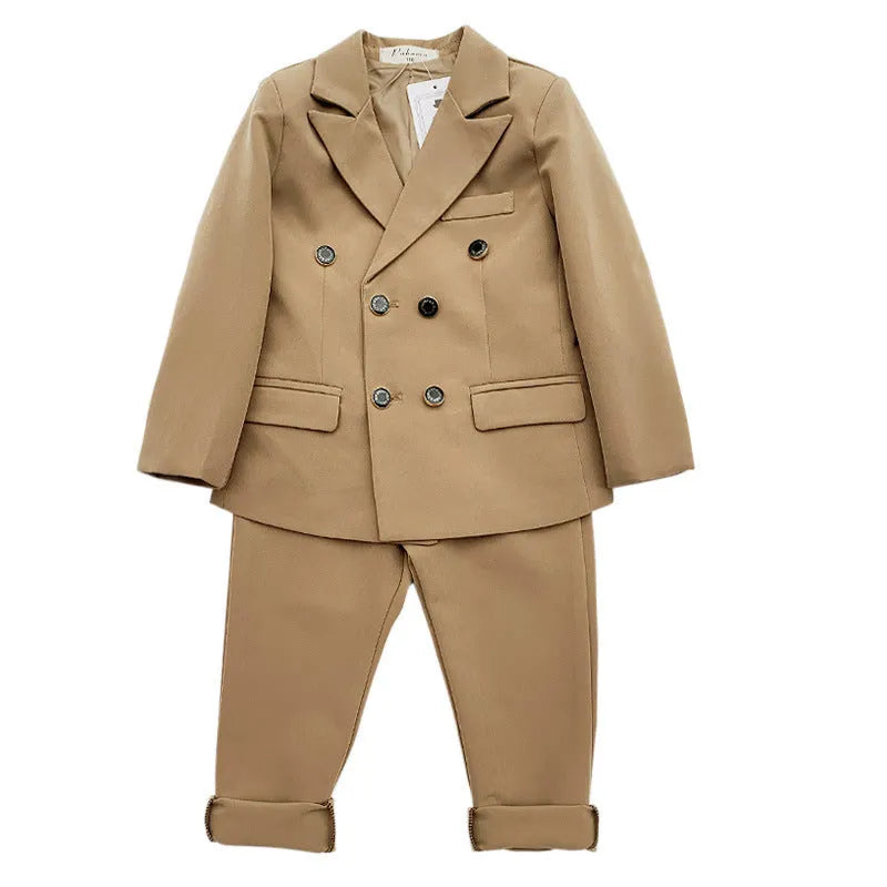 Children boys two-piece suit with long-sleeve shirt and trousers in solid colour cotton blend spring wear