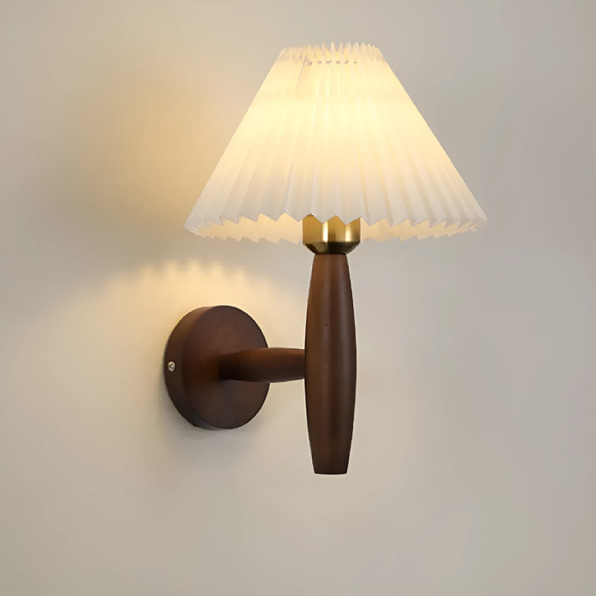 American retro walnut wood wall lamp with fabric shade on a wooden bedside table