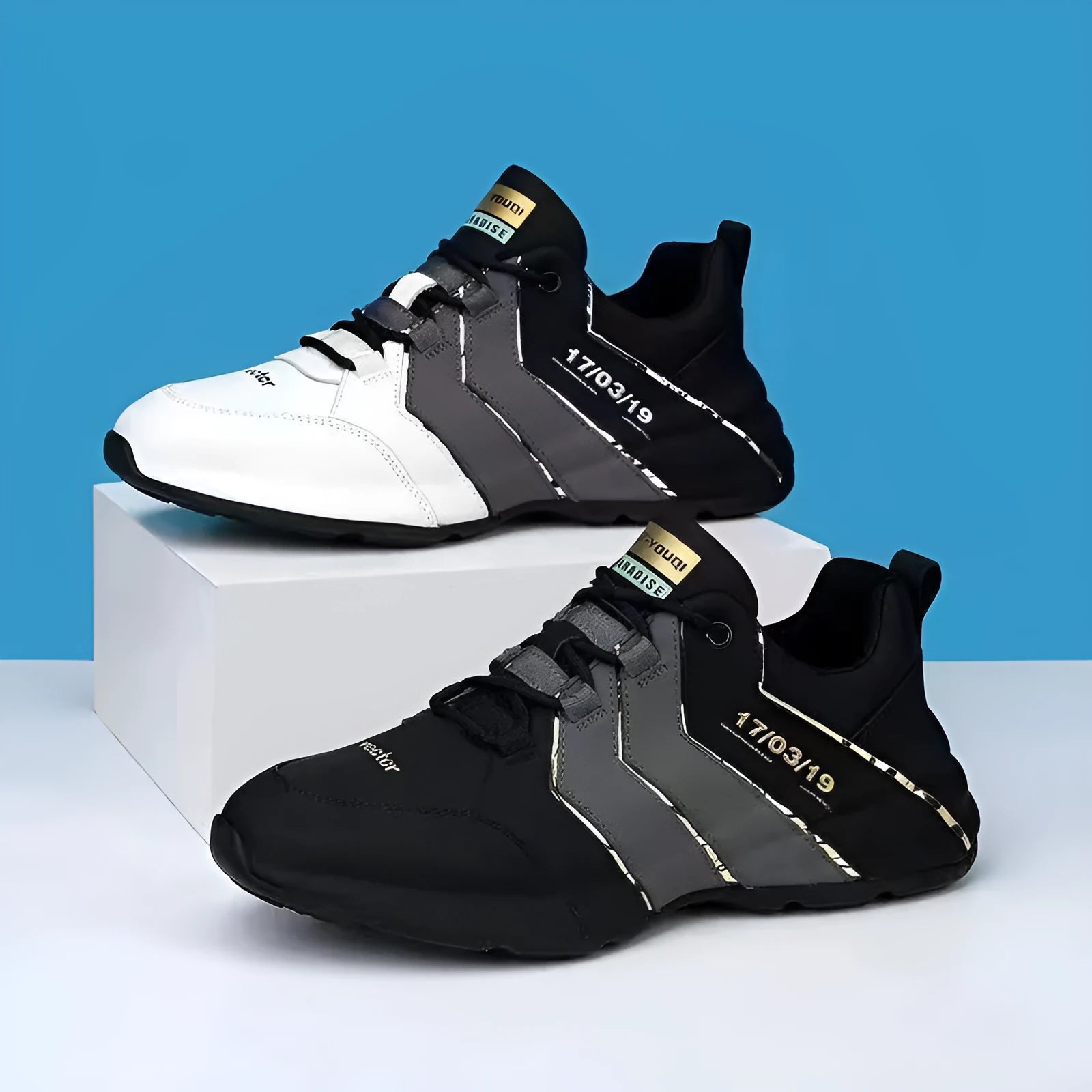 Casual sneakers for teenagers with thick plastic sole and mesh lining in various colours.