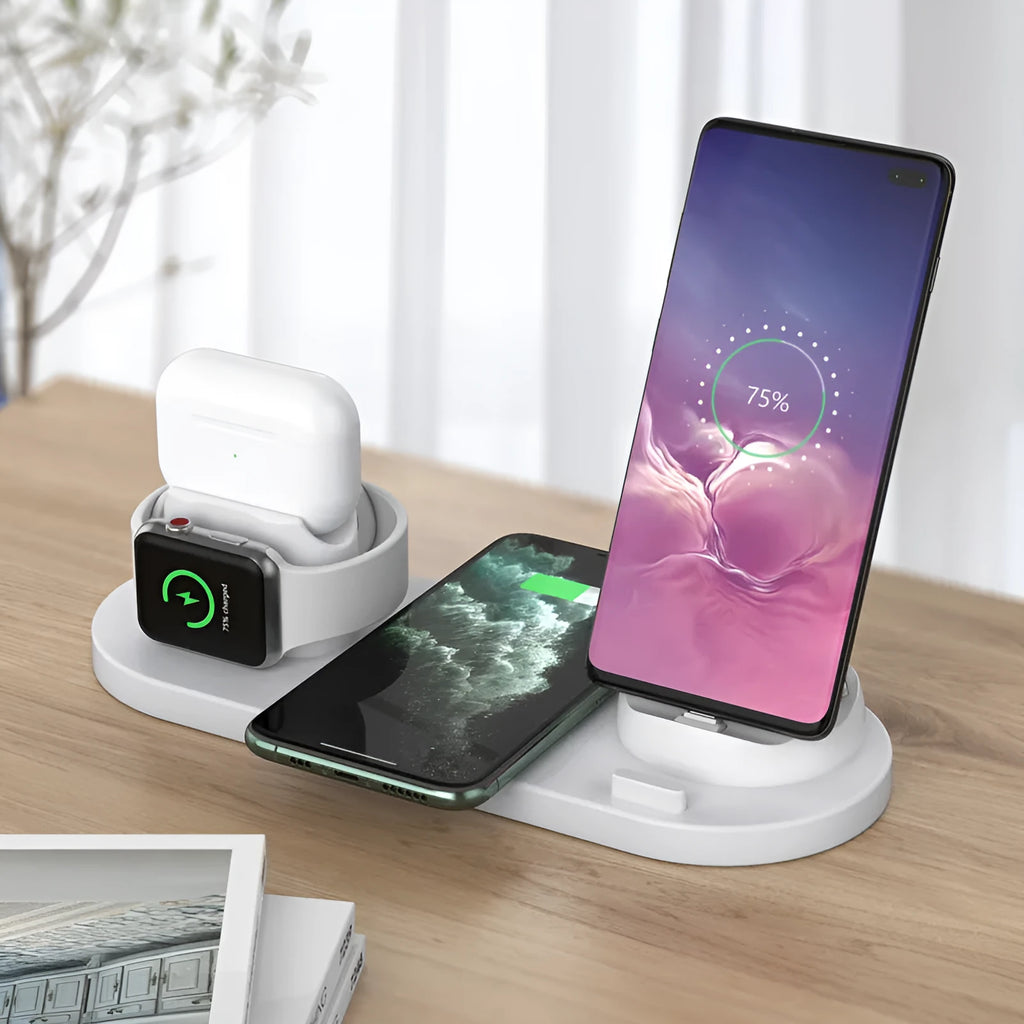 Black and white wireless charging station with phone holder showing multiple device charging pads