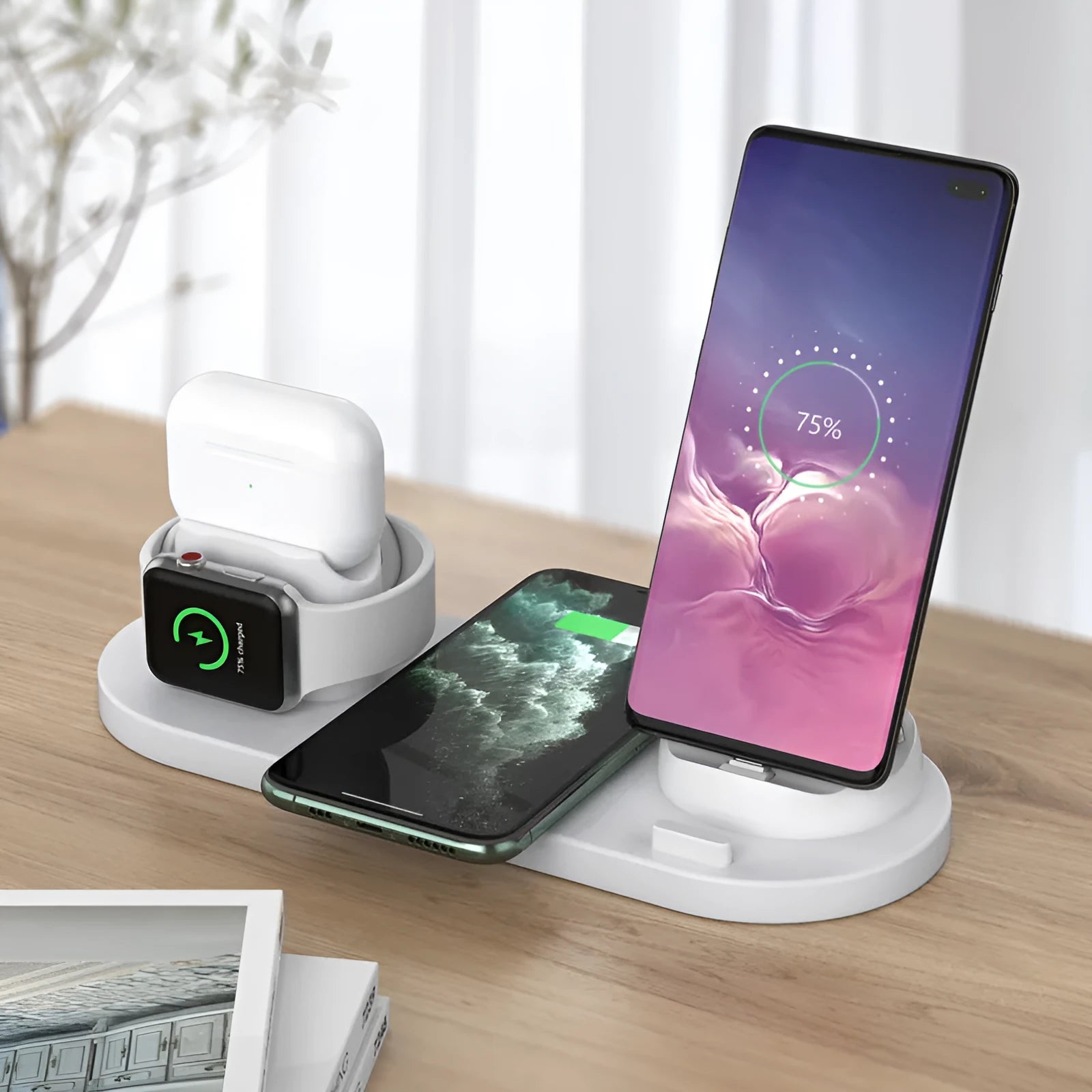 Black and white wireless charging station with phone holder showing multiple device charging pads