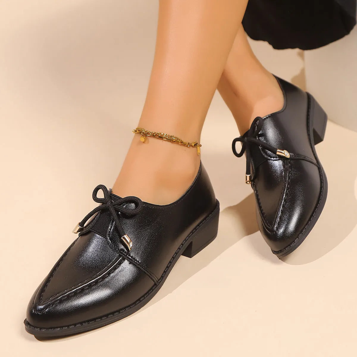 Women's British-style PU leather shoes with bow detail and rubber sole in size 36-43