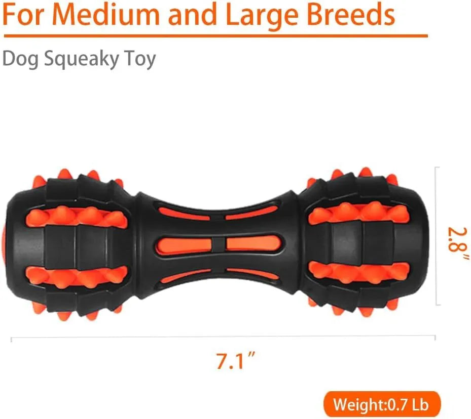 Red rubber dumbbell-shaped dog chew toy with double-layer construction