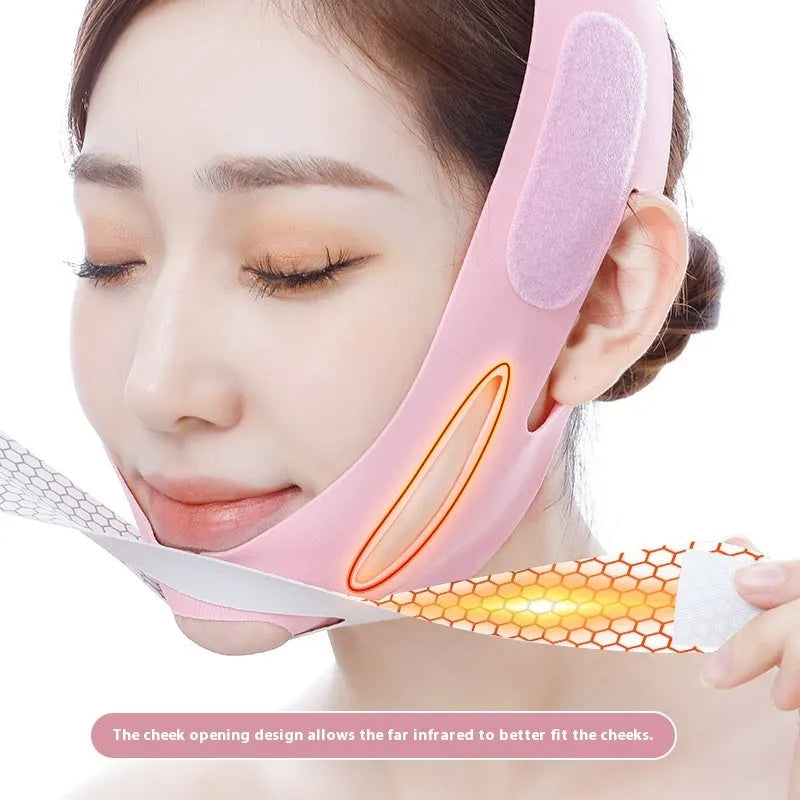 Pink and black elastic V face bandage for facial contouring with adjustable tension support