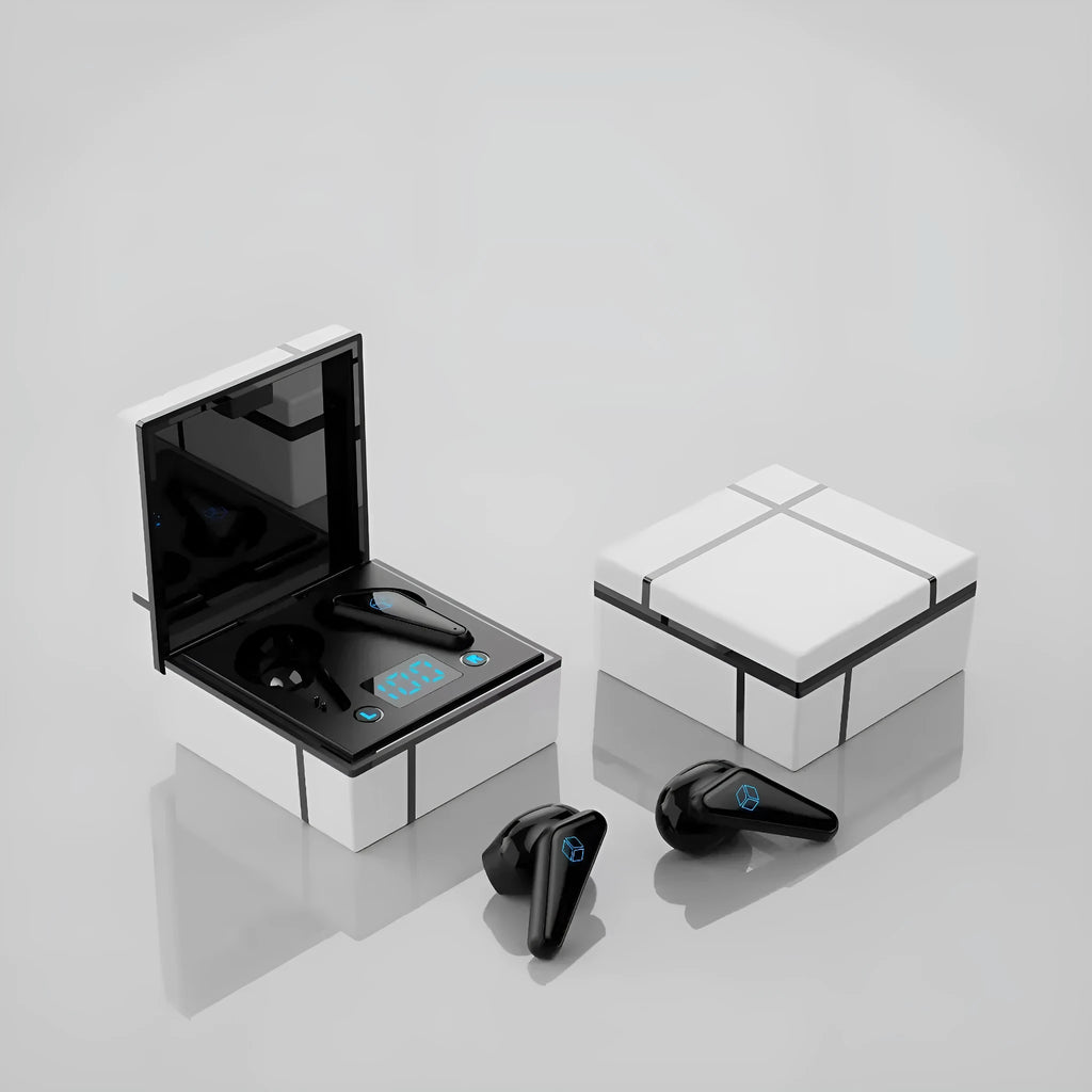 Bluetooth gaming headset with digital display showing battery level, available in multiple colour combinations