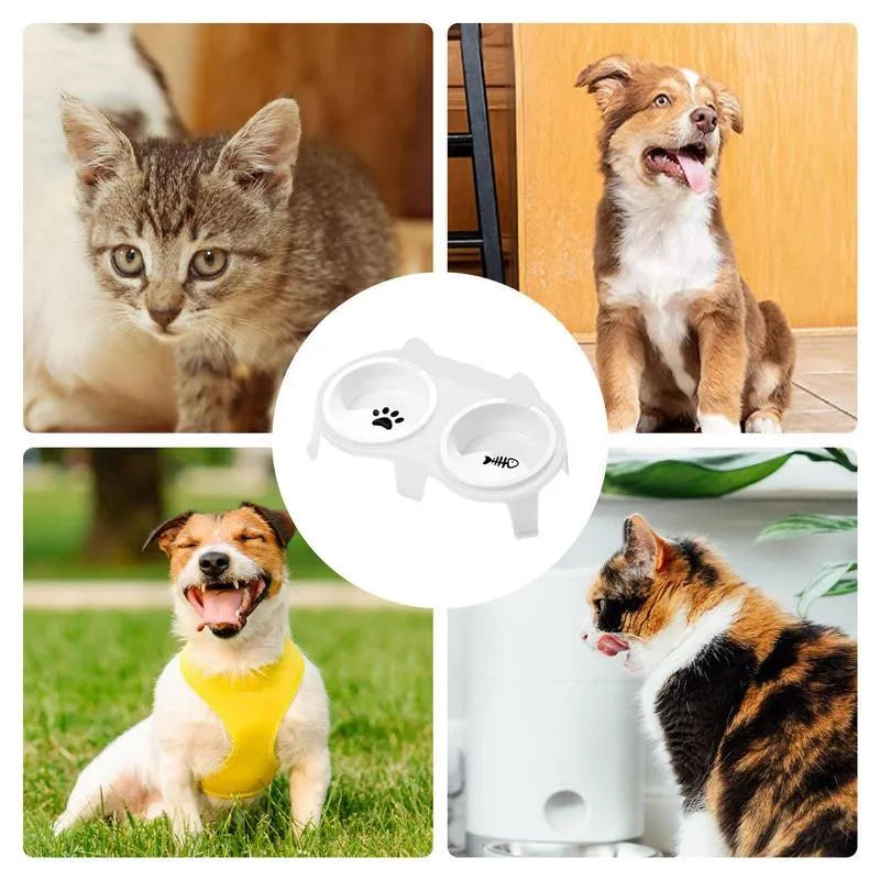 Ceramic cat food and water bowl set with elevated tilted stand in blue, pink, white, or yellow