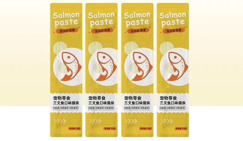 Pack of ten cat strip snacks for kittens in childhood stage with four flavour options