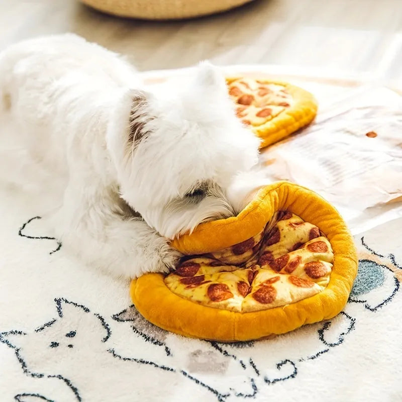 Yellow teddy bear shaped pizza dog chew toy with squeaker.