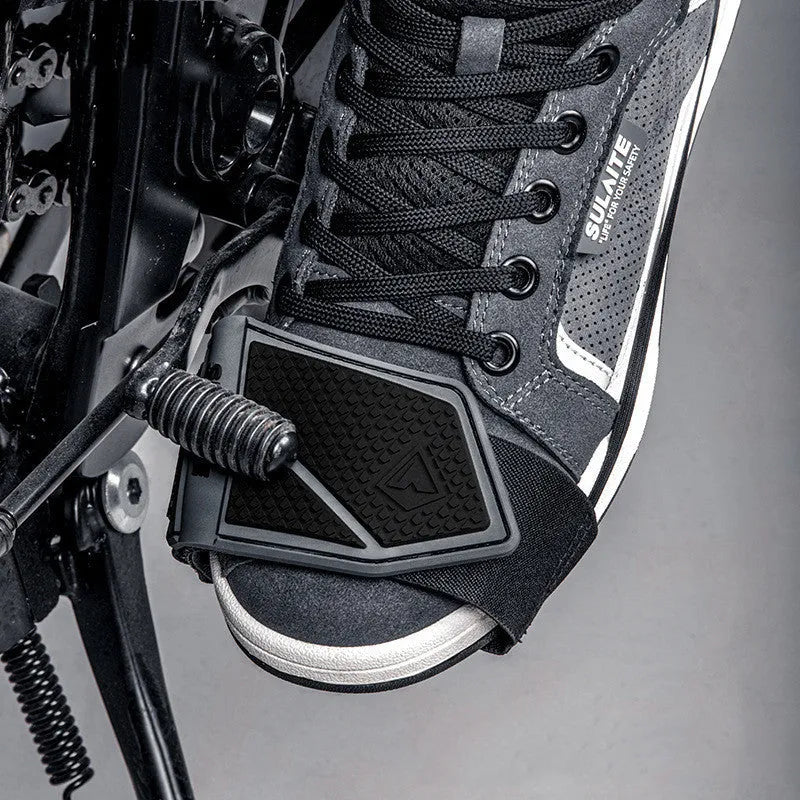 Non-slip widened rubber motorcycle gear cover in grey for adult shoes with hanging sleeve attachment