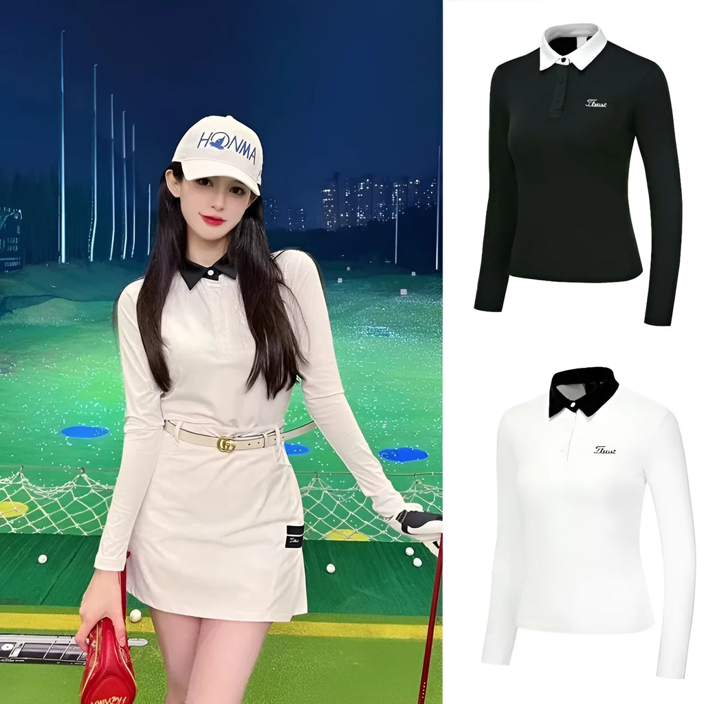 Women's white long sleeve golf top with slim sports styling for outdoor sun protection