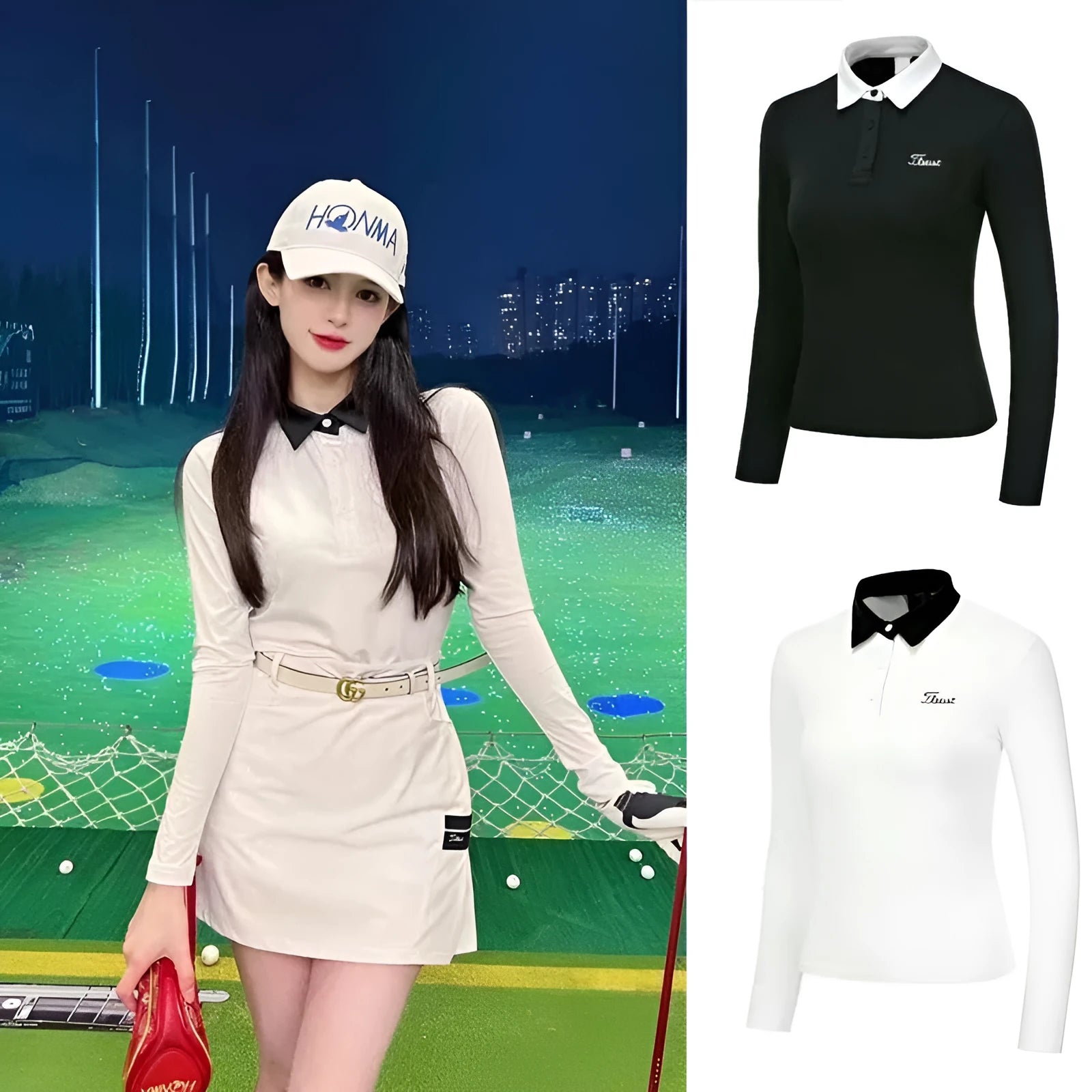 Women's white long sleeve golf top with slim sports styling for outdoor sun protection