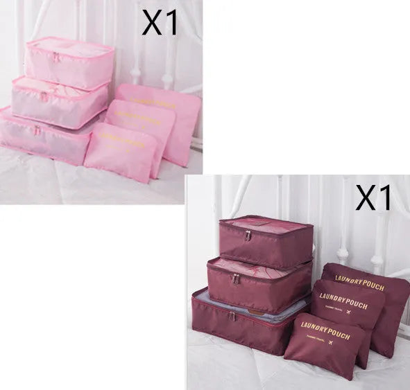 6 piece polyester travel storage bag set in hand bag type shape for clothes and cosmetic organisation, various colour options
