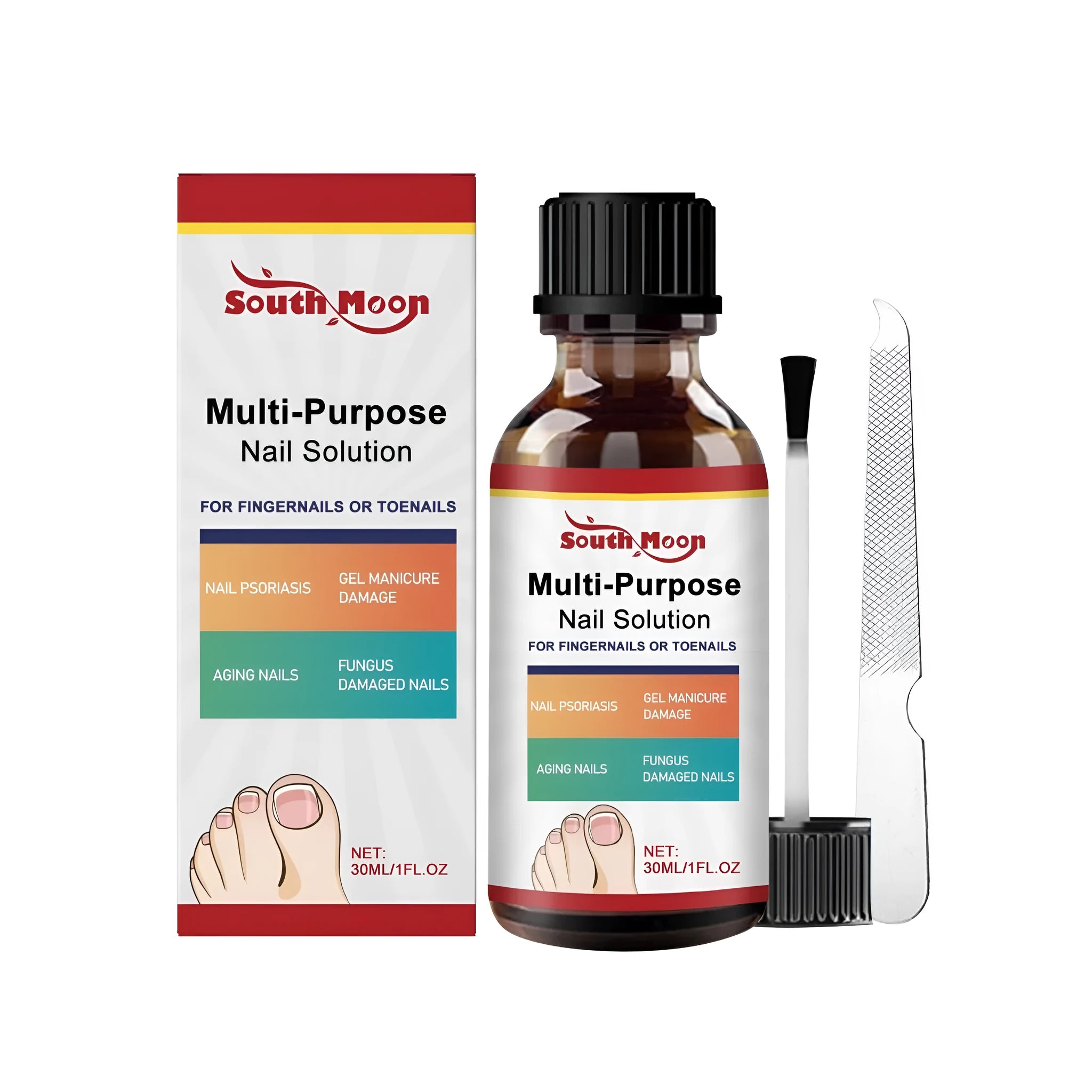 30ml bottle of nail care solution with tea tree oil and a nail file on a white background.