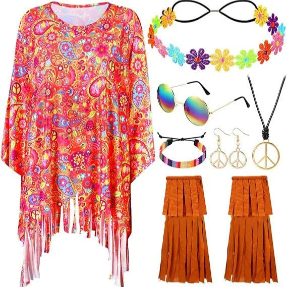 Tie dye cloak costume with bell sleeves in colourful pattern, free size spandex Halloween party clothing
